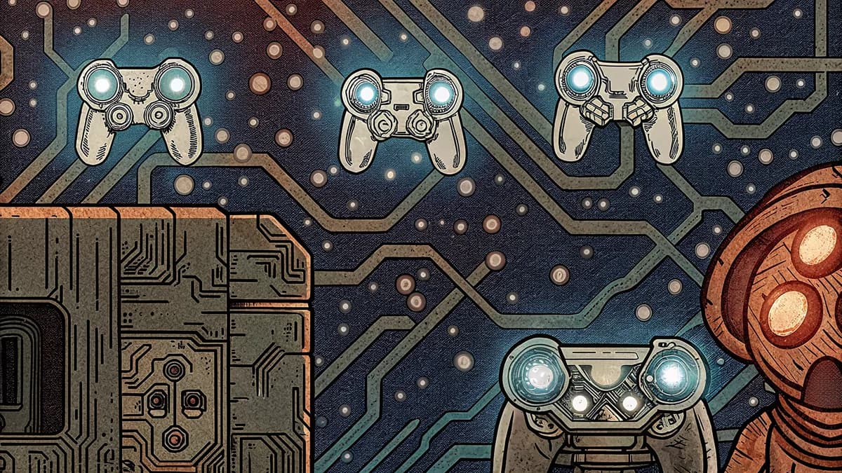 A futuristic chip board with game controllers flying around