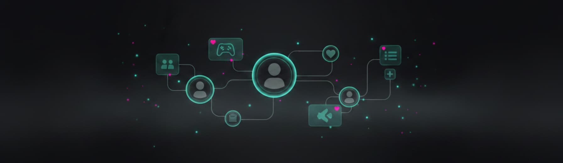 Abstract network of gamer profiles and social discovery icons on a dark background